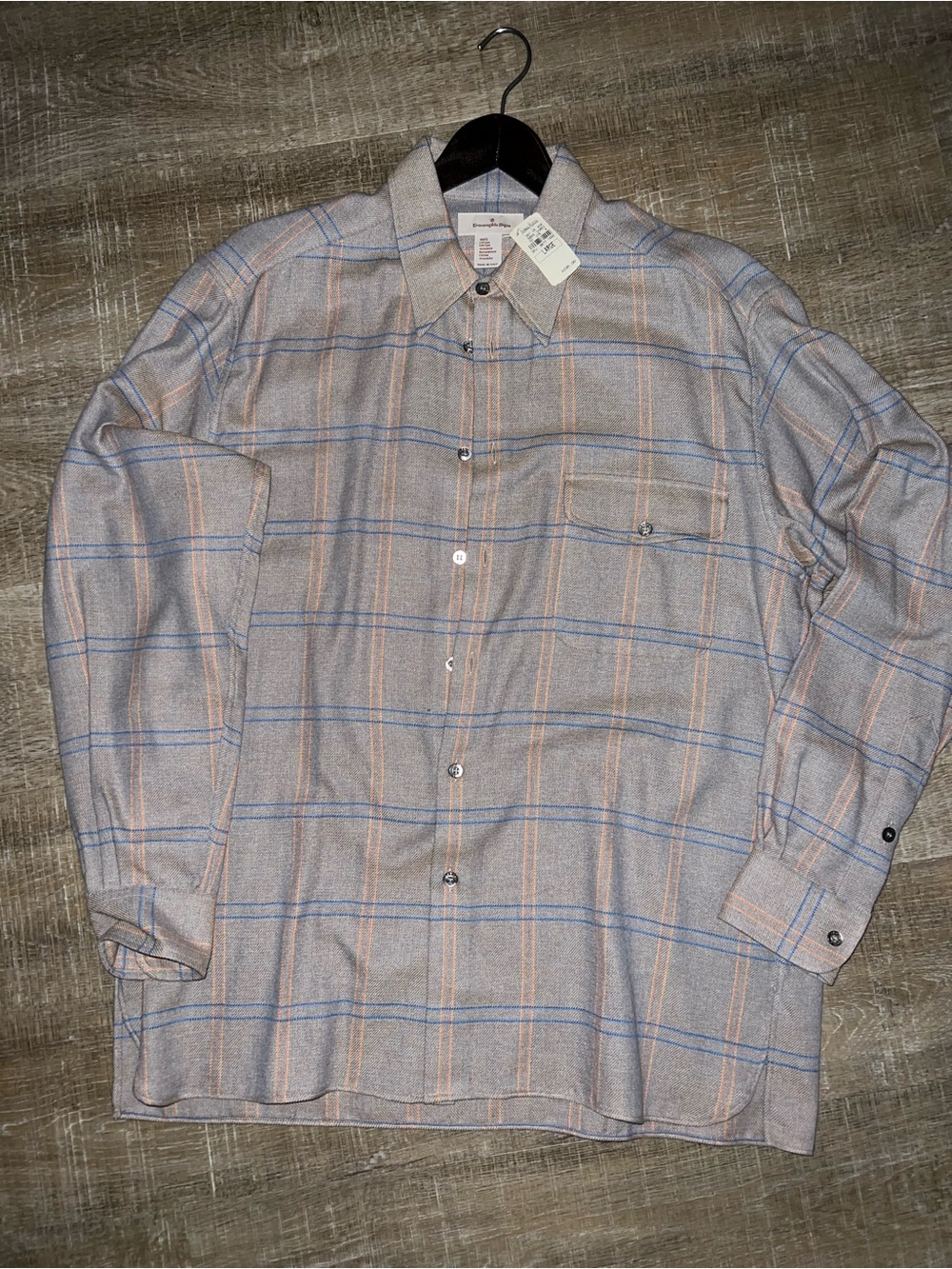 Ermenegildo Zegna Beige Plaid Button-Down Shirt with Blue & Orange Stripes